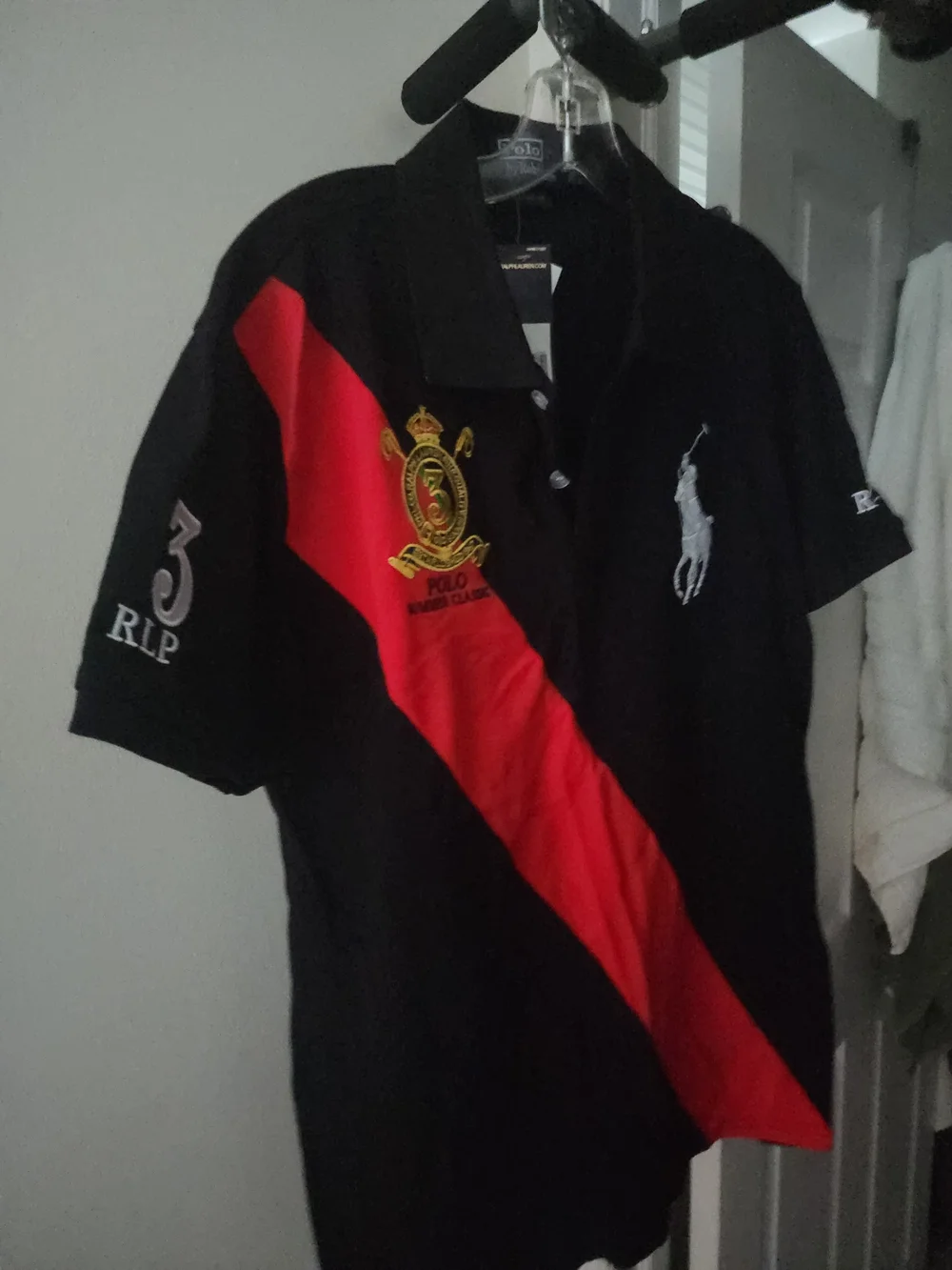 Ralph Lauren Black Polo with Red Diagonal Stripe and Crest Patch
